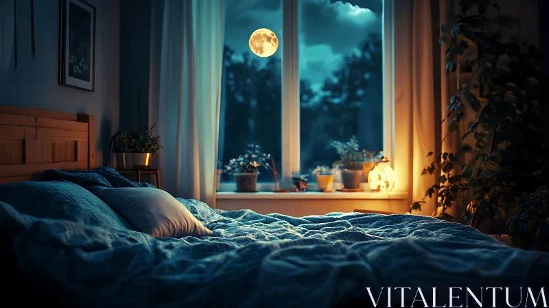 Moonlit bedroom glows softly with cozy nighttime warmth
