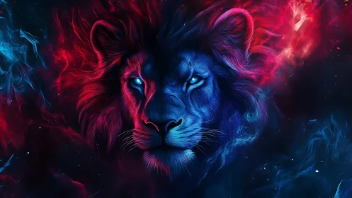 Celestial neon lion drifting through a swirling cosmic sky.