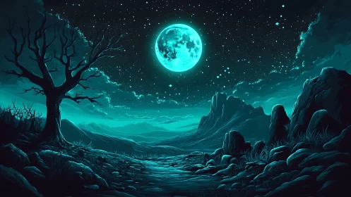 Luminous teal moonrise over haunted alien valley at dusk.