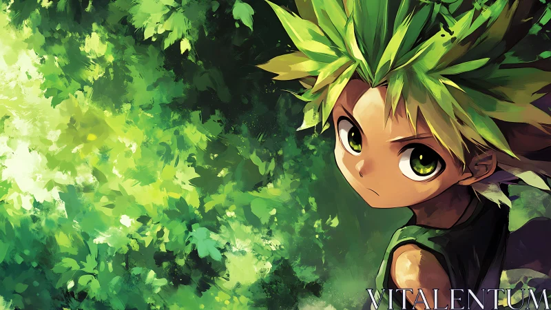 Forest-eyed child emerges from luminous green canopy