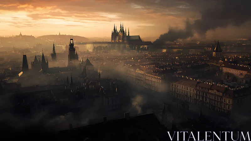 Sunlit cathedral skyline rises above dense urban smoke