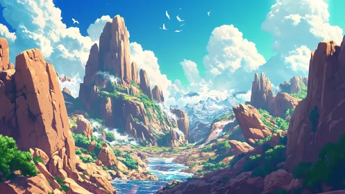 Sunlit canyon ridge illustrates stylized alpine river valley