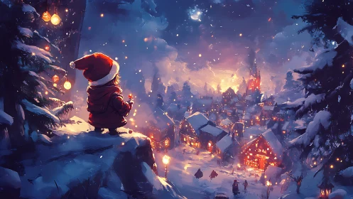 Child in red coat watching a glowing winter village below.