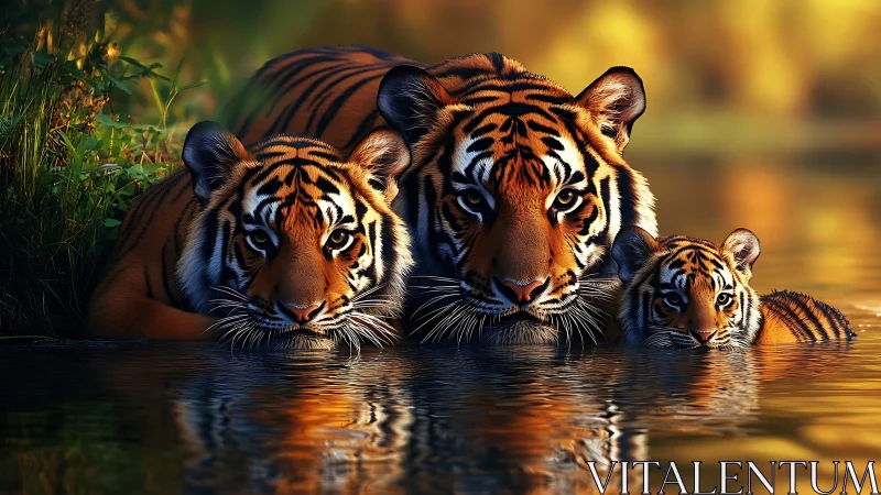 Three Tigers Converge in Golden Waters at Twilight