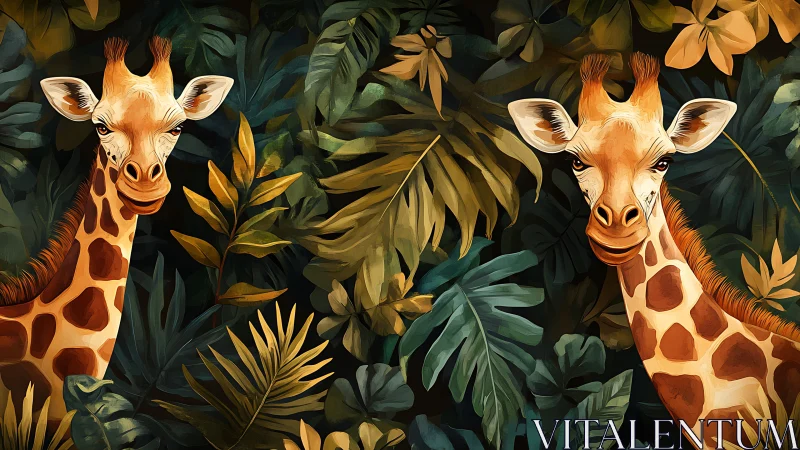 Two stylized giraffes amid dense tropical foliage artwork.