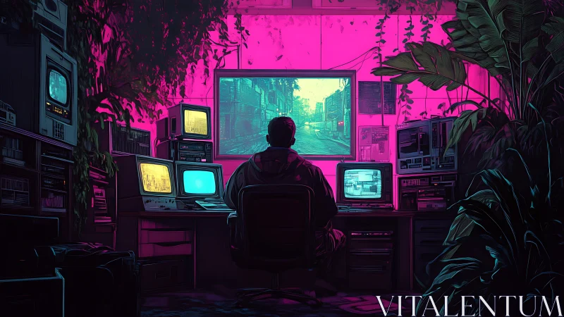 Lone operator at retro computer station in neon room.