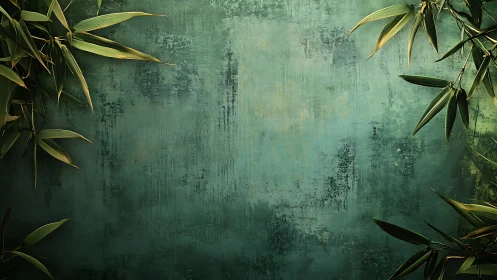 Textured teal wall with diagonal bamboo foliage framing edges.