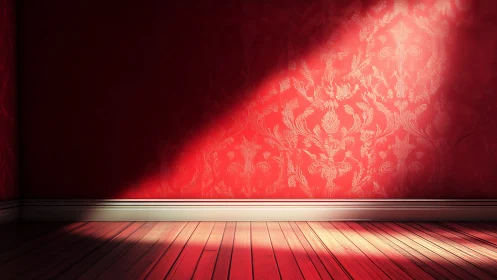Raked sunlight across red damask wall and hardwood floor.