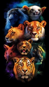 Multi-species Carnivore Portrait Composite with Blue Lion, White Caracal, Tigers