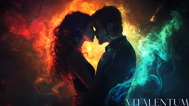 Two figures in profile with luminous particle effects