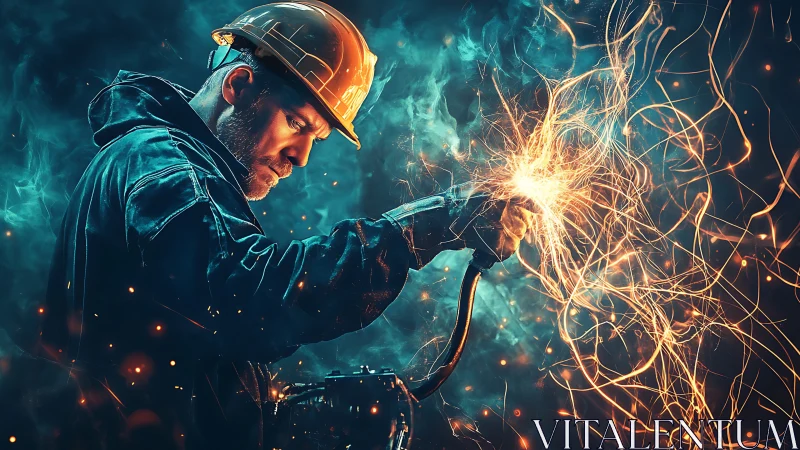 Industrial welder manipulates dynamic sparks in neon haze