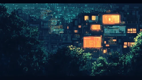 Dense cyberpunk skyline with neon data screens over foliage at night