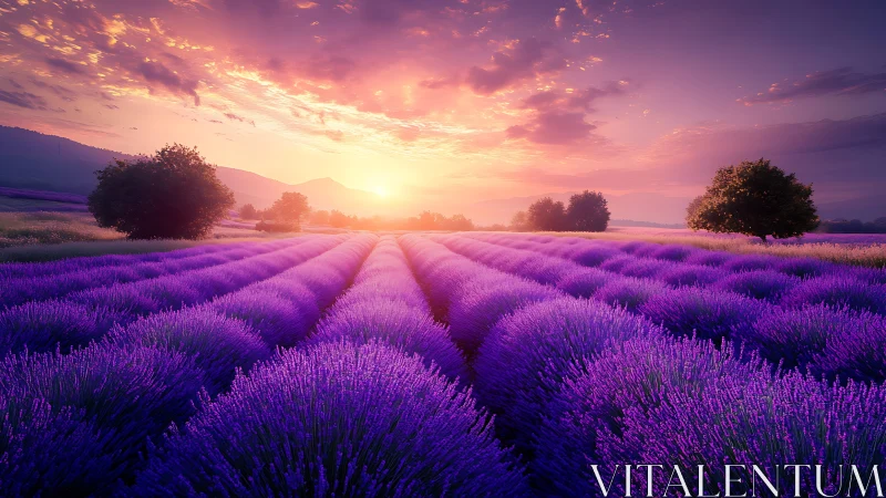 Sunset light pours across endless purple lavender rows