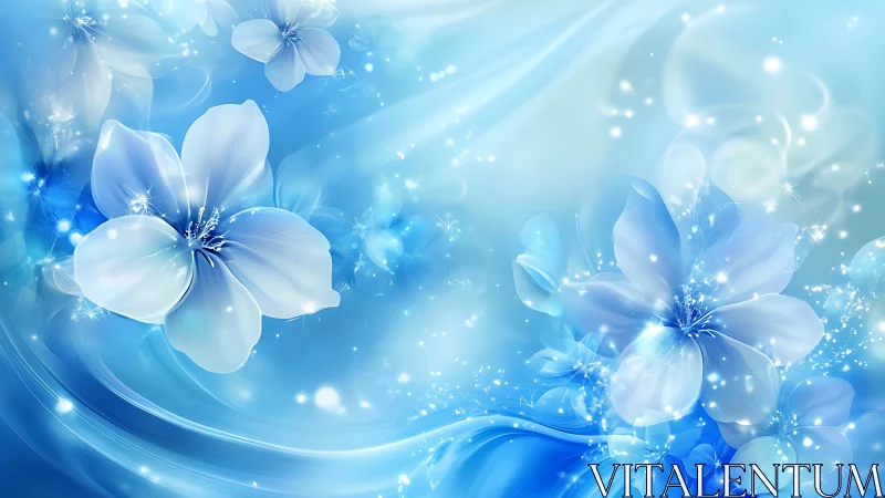 Blue flowers with luminous particles on gradient background
