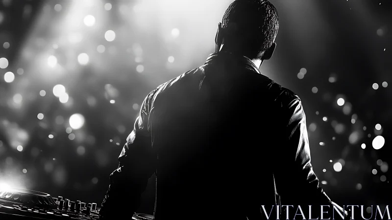 DJ silhouette on stage in monochrome concert lighting.