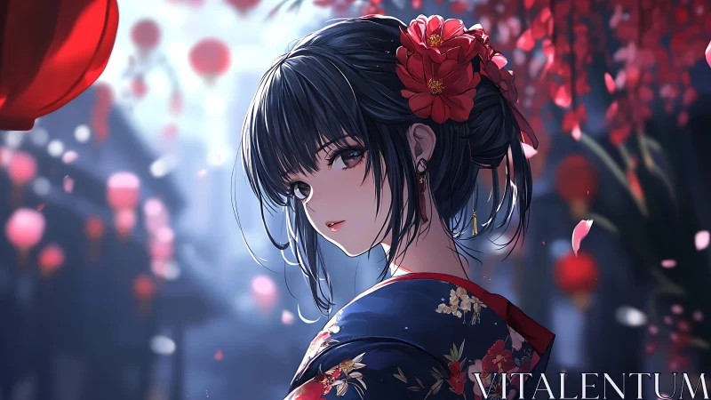 Elegant girl in kimono amid glowing red lantern petals.