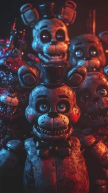 Rusted animatronic bear lineup under harsh neon lighting.