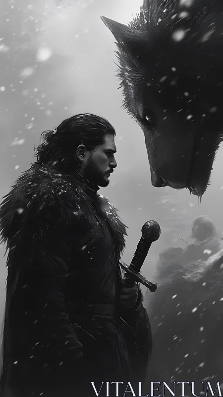 Warrior confronts giant wolf spirit in a frozen blizzard.