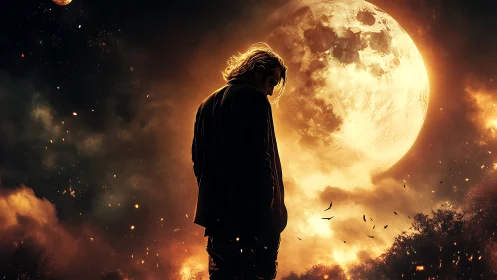 Solitary figure before a blazing full moon in smoke.