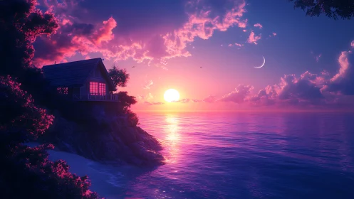 Twin-lit coastline cottage dreams under surreal violet skies