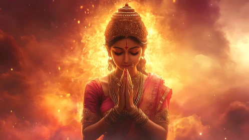 Divine Indian woman prays amid radiant blazing aura of light.