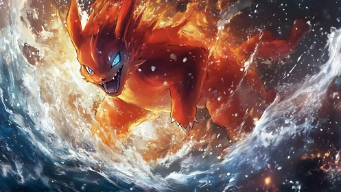 Fiery orange creature advancing through turbulent water.