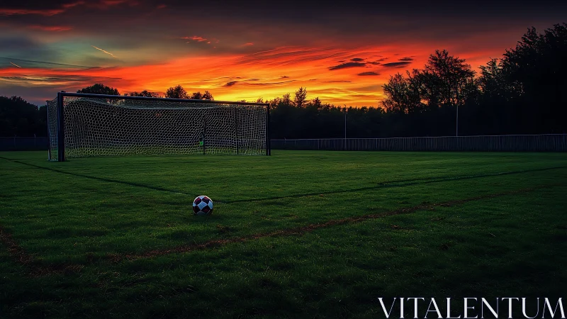 Empty football goal on green field under vivid sunset sky.