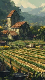 Rural hillside farmhouse overlooks meticulously banded crop fields