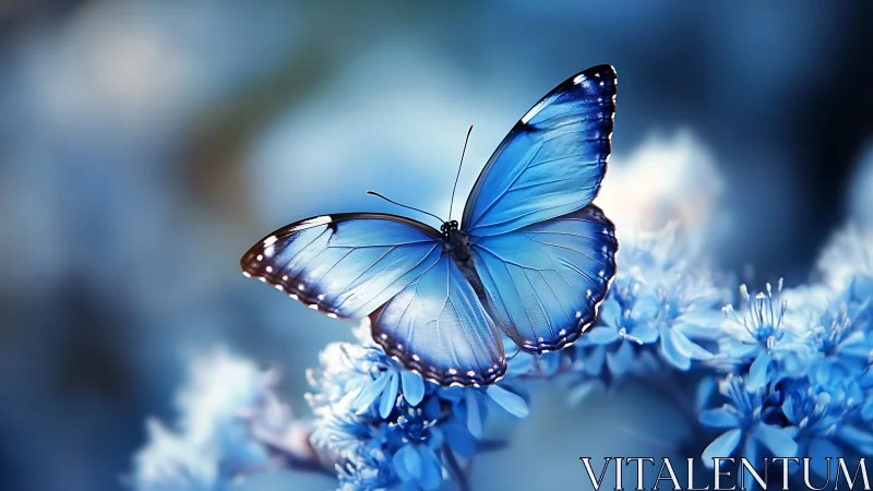 Blue butterfly rests on cool-toned blossoms in soft focus