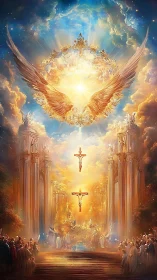 Celestial crucifixion beneath a blazing seraphic crown.