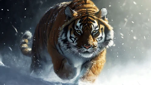 Snow-charged tiger in dynamic frontal pursuit render.