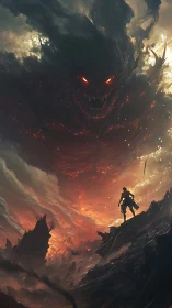 Infernal titan emerging over lone warrior in volcanic storm.