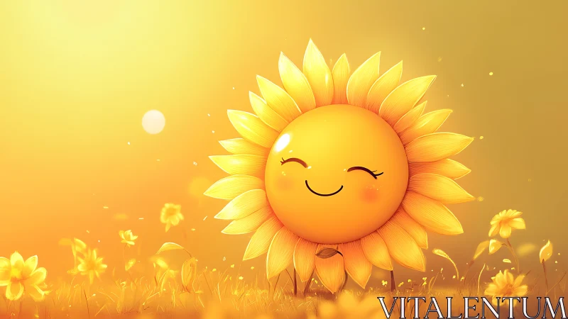 Sunny blossom spirit grinning in a golden daydream field.