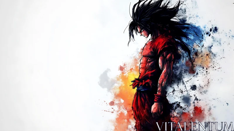 Stoic anime warrior wrapped in explosive watercolor firestorm.