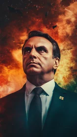 Digital portrait shows suited man before abstract fiery sky