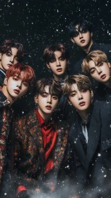 Seven-member male group portrait in stylized snowfall.