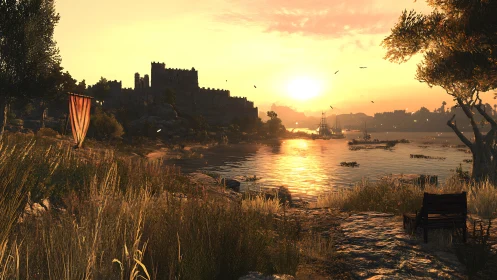 Sunset crowns the lakeside fortress in shimmering quiet