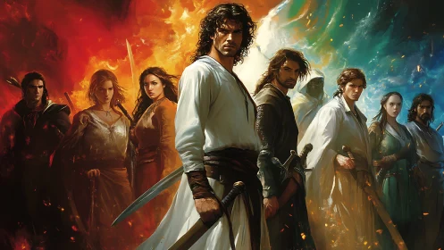 Fantasy warrior team framed by fire and storm sky.