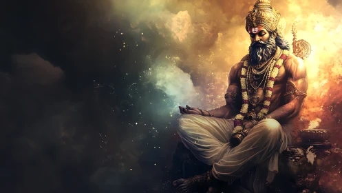 Divine sage in cosmic meditation with radiant golden aura.