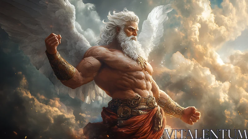 Winged thunder god in dramatic golden storm clouds.