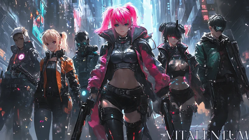 Cyberpunk strike squad stalks neon-soaked megacity streets.