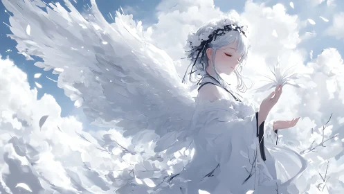 Seraphic winged girl in celestial cloudscape, high-key anime art