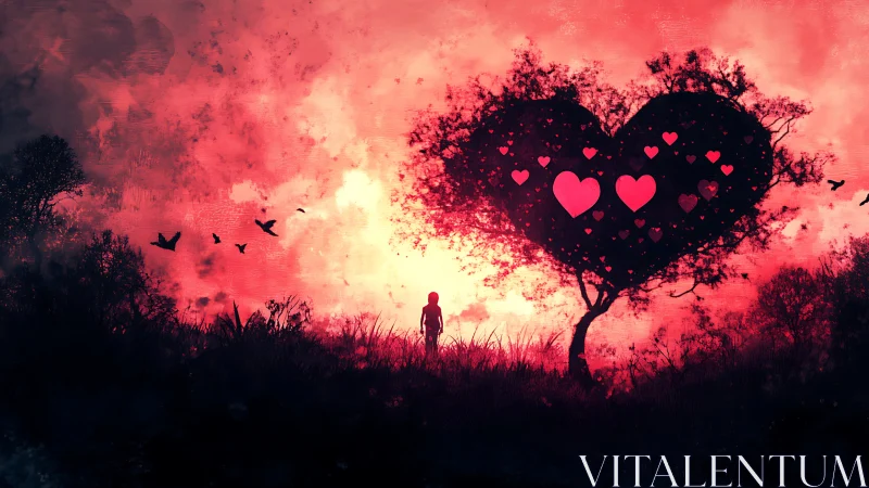 Silhouetted Figure Beneath Heart-Shaped Tree at Crimson Sunrise