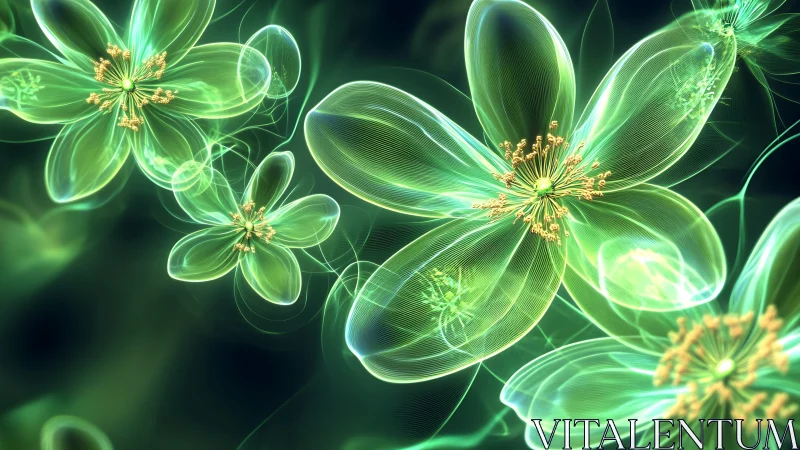 Translucent green floral forms in abstract digital field.