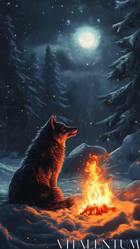 Wolf beside campfire in snowy forest under full moon.
