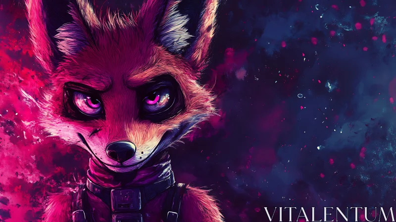 Electric fox gaze in neon twilight space storm.