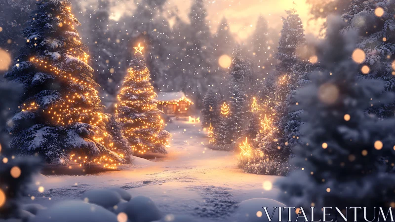 Snowy Christmas forest glowing with cozy golden lights.