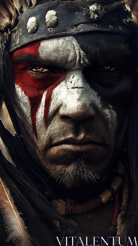 War-painted tribal warrior stares forward in blazing intensity.