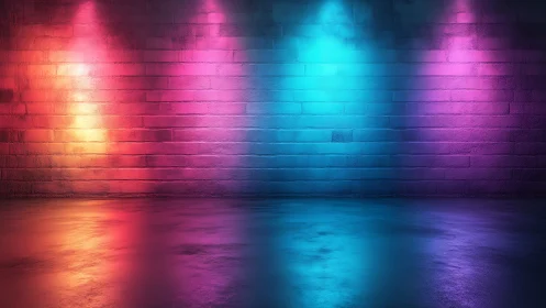 Colorful brick wall with neon studio lighting reflections.