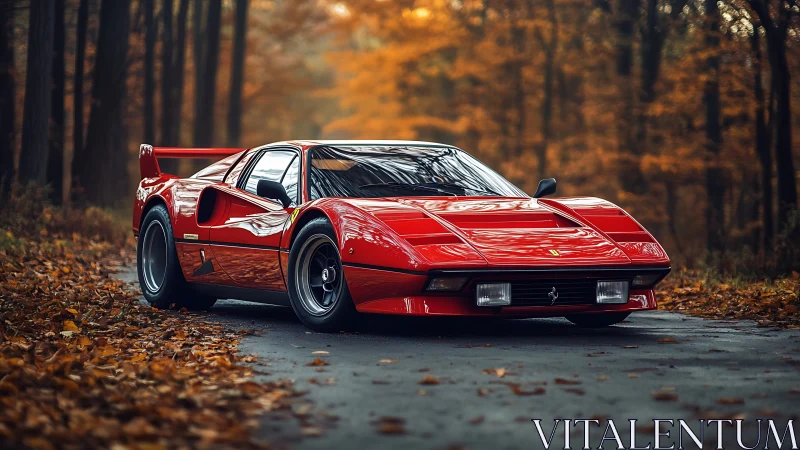 Crimson sports car waits calmly on a quiet autumn forest road